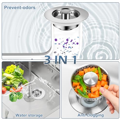 3 in 1 Kitchen Sink Stopper,304 Stainless Steel Kitchen Sink Drain Strainer Fits for Most Kitchen Drain, Easy to Install, Use, and Clean; Works Effectively