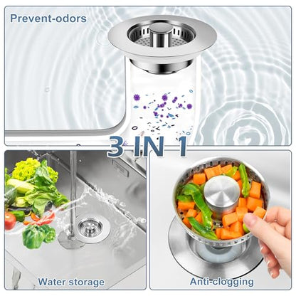 3 in 1 Kitchen Sink Stopper,304 Stainless Steel Kitchen Sink Drain Strainer Fits for Most Kitchen Drain, Easy to Install, Use, and Clean; Works Effectively