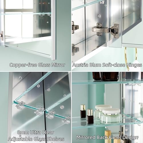 28" x 36" Bathroom Medicine Cabinet with Mirror, Anodized Chrome Aluminum Frame, Surface Mount or Recessed Medicine Cabinet with Mirror, Bathroom Mirror with Storage, Double Doors - size: 28"x36"-A