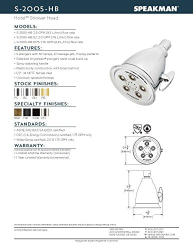 Speakman, Brushed Nickel S-2005-HB-BN Hotel Anystream High Pressure Shower Head-2.5 GPM Adjustable Replacement Bathroom Showerhead - color: Brushed Nickel, size: 2.5 GPM