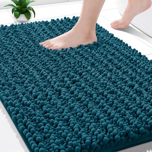 Yimobra Bathroom Rugs Non Slip Washable - Ultra Soft Absorbent Chenille Bath Mat, Quick Dry Shaggy Floor Carpet for Tub Shower, Rustic Turquoise Home Decor Accessories, 24x17 Inch - color: Peacock Blue, size: 24" X 17"