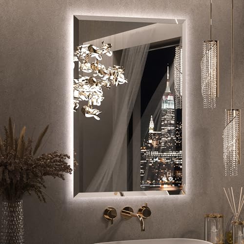 Keonjinn 24 x 36 in Backlit Mirror Bathroom, Beveled Frameless LED Mirror for Wall, Shatterproof Tempered Glass, UL-Listed, 3 Color Temperature, Defogger, Dimmable, Memory Function, Plug in/Hardwired - color: Backlit Beveled Edge, size: 36"L x 24"W