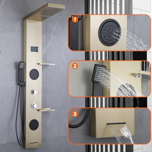 LED Shower Panels Tower System, LCD Temperature Display with Shelf, 304 Stainless Steel System with Rainfall Shower Head with Handheld Massage Body Jets Waterfall Bathtub, Brushed Gold - color: Brushed Gold