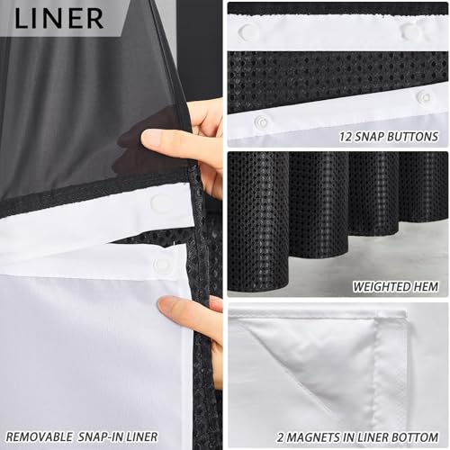Furlinic No Hook Waffle Weave Shower Curtain with Snap in Liner Set,Heavy Duty Fabric Textured Bathroom Curtain with Sheer Window,Waterproof & Machine Washable,Black,Stall Size 54x80 Inch - color: Black, size: 54"W x 80"L (Pack of 1)