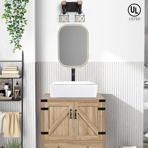Farmhouse Vanity Light Fixture,2-Light Bathroom Lighting,Black Industrial Wood Wall Light Over Mirror with Metal Shade - color: Black, size: 2-Light-Wide 12"