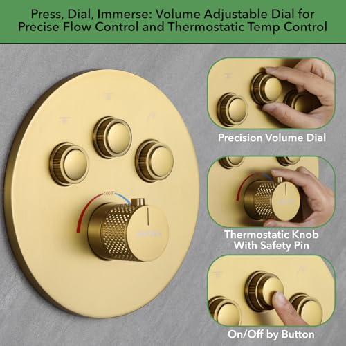 VANFOXLE Thermostatic Shower Faucet Set Brushed Gold Shower System | Push Button Diverter, 12 Inch Ceiling Mount Rain Head Increased Thick, 6 Inch Side Head, 2-in-1 Handheld Sprayer, Modern - color: Brushed Gold, style: 12 Inch