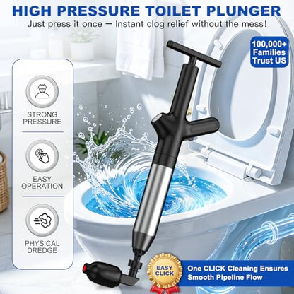 High Pressure Toilet Plunger, Heavy Duty Plunger for Bathroom, Dark Black | Toilet Unclogger Tool for Drain Clog, Heavy Duty Toilet Plunger with Pressure Gauge, 4 Heads for Bathroom, Sink, Shower - color: Dark Black