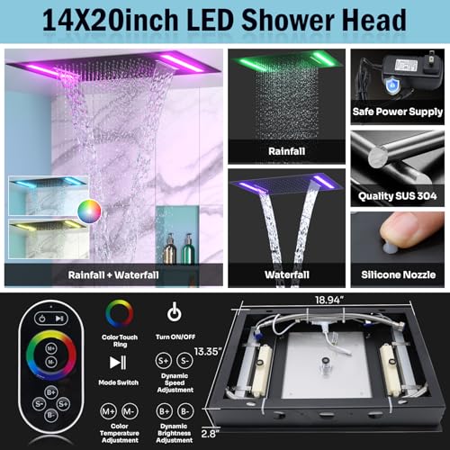 HOMEDEC Luxury Dual Shower System for Couples, LED 14x20" 2-Function and Dual 6" Side Wall Mounted Shower Heads, with 4-Way Diverter Valves, Black - color: Black