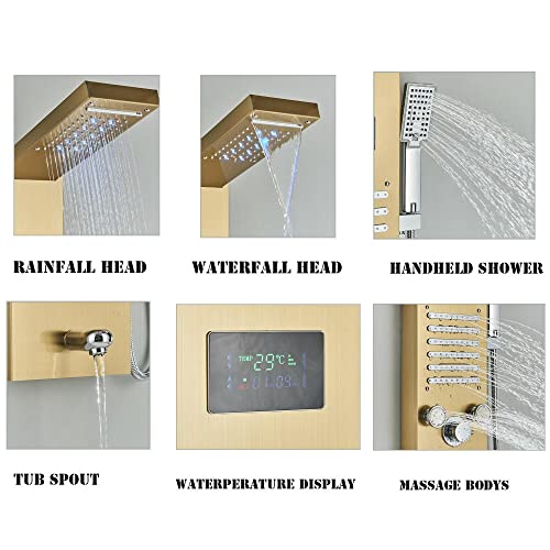 Brushed Gold LED Shower Panel Tower Massage Body Jets System Rain Waterfall Mixer Hand Shower