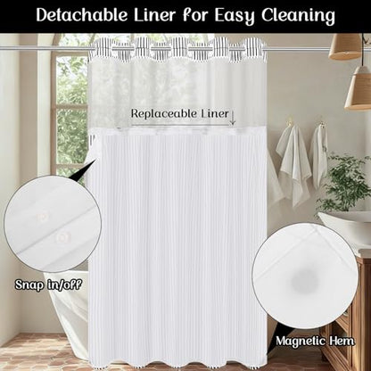 ASPMIZ Farmhouse Striped Shower Curtain and Liner Set No Hook, Black 71x86 | No Hook Shower Curtain with Snap in Liner Fabric, Rustic Washable Waterproof Bathroom Curtains with Button, Mesh Top Window - color: Black Striped, size: 71"W x 86"L (Pack of 1),