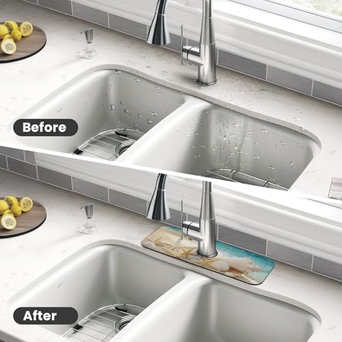 Summer Beach Starfish Sea Shell Blue Sky Sun Kitchen Sink Splash Guard Faucet Mat Super Absorbent Fast Drying Mat Sink Gadgets-Fast Drying Pad Sink Mat For Kitchen Bathroom (15" X 5.5" ) - color: Summer Beach Starfish Sea Shell Blue Sky Sun