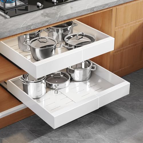 Seinloes 2 Pack Expandable Pull Out Cabinet Organizer 16.5"Deep with Raising Pad for Framed Cabinets,Upgrade 3 Slide Rails Slide Out Drawers,Roll Out Shelves Adhesive,Adjustable Width 12.2"-20.4"White - color: White, size: 16.5"D x 12.2"-20.4"W(2Pack)