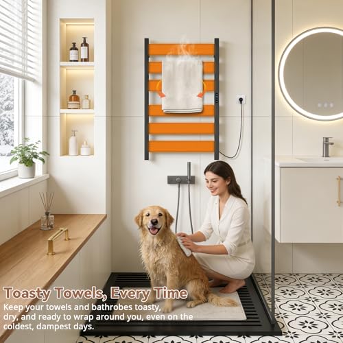WiFi Towel Warmers for Bathroom, 6 Flat Bars Heated Towel Rack, Black | Smart App Control, Freestanding & Wall Mounted, Child Safety Lock, 1-24H Timer & Multi-Level Temp, Large Heating Surface
