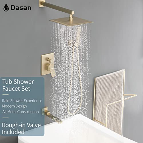 DASAN Tub Shower Faucets Sets Complete Brushed Gold Bathtub Shower System with Tub Spout, Bathtub Faucet Set Tub and Shower Faucet Combo Trim Kit with Rough-in Valve, DA-SS03BG-S10W - color: Brushed Gold