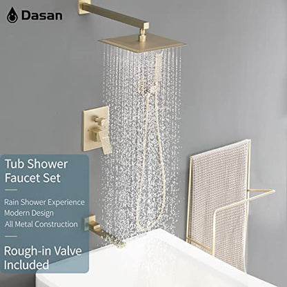 DASAN Tub Shower Faucets Sets Complete Brushed Gold Bathtub Shower System with Tub Spout, Bathtub Faucet Set Tub and Shower Faucet Combo Trim Kit with Rough-in Valve, DA-SS03BG-S10W - color: Brushed Gold