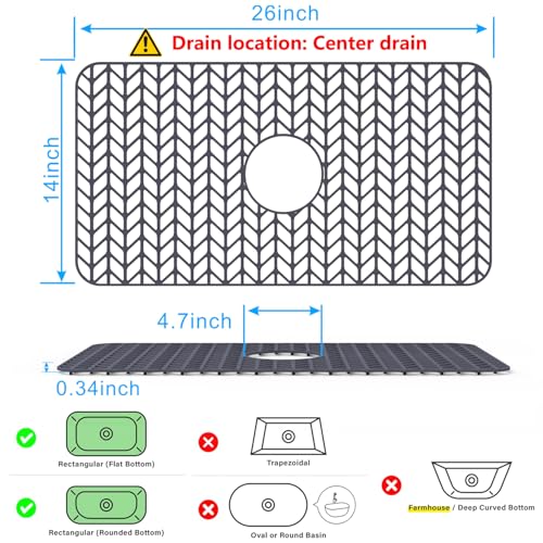 Sink Protectors for Kitchen Sink 26"x 14"Center Silicone Sink Mat | Protector for sinks and dish,Withstand to 500F,Food-grade silicone,Non-slip and raised feet,Dishwasher Washing - size: 26"x14" Center