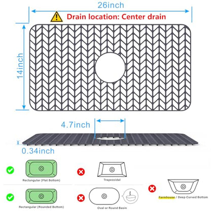Sink Protectors for Kitchen Sink 26"x 14"Center Silicone Sink Mat | Protector for sinks and dish,Withstand to 500F,Food-grade silicone,Non-slip and raised feet,Dishwasher Washing - size: 26"x14" Center