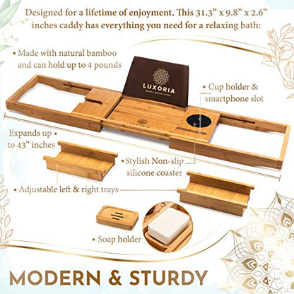 LUXORIA Expandable Bathtub Tray | Water Resistant Bamboo with Bath Accessories | Non-Slip, Luxury Bathroom Caddy Organizer for Tub with Glass Dish Phone Holder | Plus Free Soap Holder