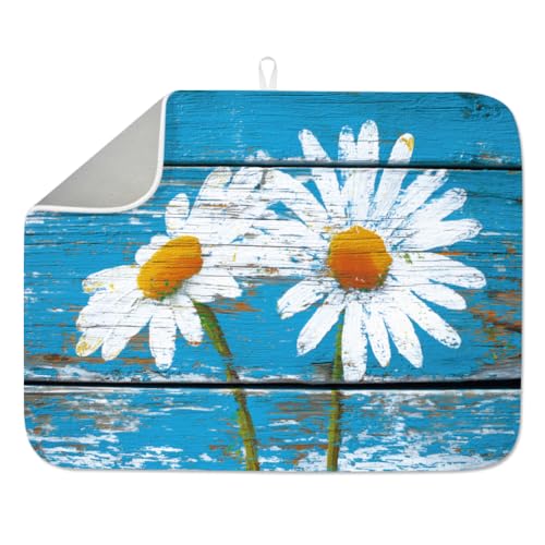 1Pc Daisy Dish Drying Mat 23.6x17.7 Inch Microfiber Polyester Cotton Rustic Wood Print Absorbent Countertop Pad Floral Dish Drainer Heat Resistant Coffee Bar Station Mat With Hanging Loop Blue - style: Daisy on board