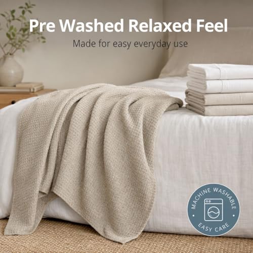 Pure 100% Flax Linen Blanket – 50x60-inch Linen Throw Blanket Waffle Weave – Breathable Cooling Blanket – Versatile Beach Blanket – Pre-Washed Lightweight European Flax - color: Natural Linen, size: Throw Blanket