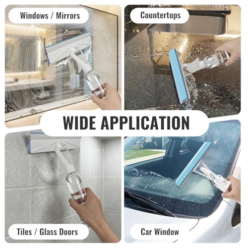 3-in-1 Window Squeegee for Window Cleaning with 300ML Tank & Scrubber | Window Cleaning Kit with Sponge Scrubber, Shower Squeegee for Glass Doors, Mirrors, Windshields, Car Windows & Hanging Hole