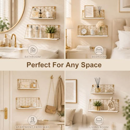ZGZD White and Gold Floating Shelves Set of 2, Modern Geometric Wall Shelf for Bathroom, Bedroom,Kitchen, Office，Living Room Decor