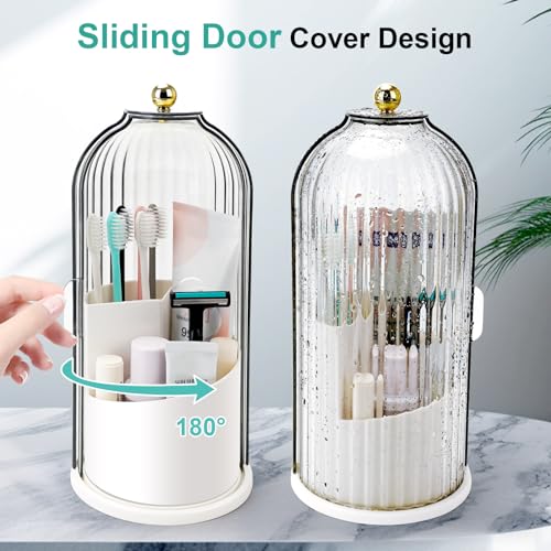 QIYVLOS Toothbrush Holders with Sliding Lid, Rotating 3 Slots Bathroom Organizer Countertop, Tooth Brush Toothpaste Holder Bathroom Counter Stand Sink Organizer Caddy for Vanity Makeup Brushes Holder - color: White+Transparent Black