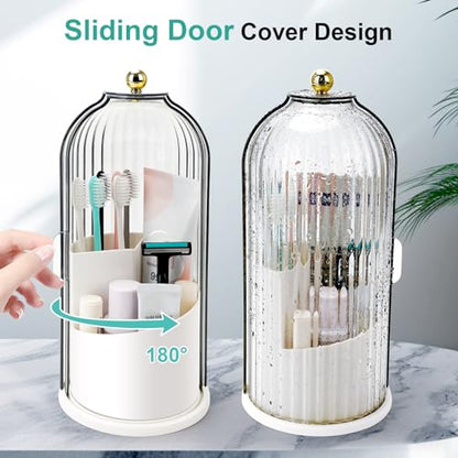 QIYVLOS Toothbrush Holders with Sliding Lid, Rotating 3 Slots Bathroom Organizer Countertop, Tooth Brush Toothpaste Holder Bathroom Counter Stand Sink Organizer Caddy for Vanity Makeup Brushes Holder - color: White+Transparent Black
