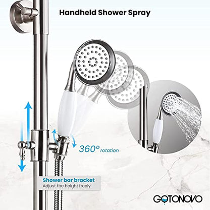 gotonovo Exposed Shower System with Spout,Brushed Nickel,No Shower Shelf | Brass Shower Faucet Set,8’’ Rain Head with Handheld Spray,Swivel Tub Spout,2 Cross Handle,6’’ Hole Distance,Adjustable Height - color: Nickel