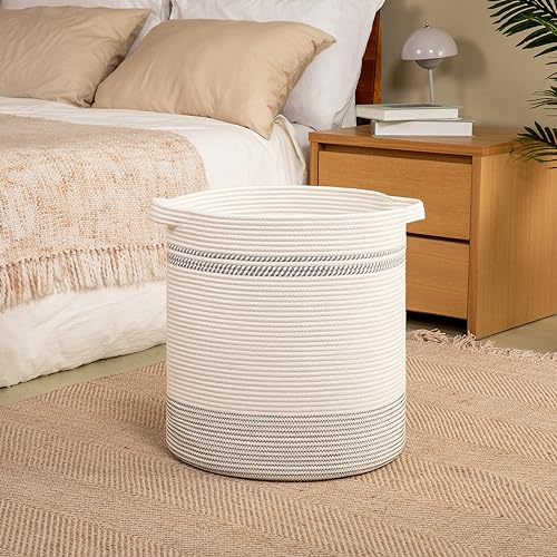 OIAHOMY 80L Laundry Basket, Laundry Hamper, Cotton Rope Storage Basket with Handles, Decorative Woven Basket for Living Room,Storage Baskets for Clothes, Blankets, and Toys -20''×18'', White&Gray | Tall Dirty Clothes Hamper with Handle,Blanket Basket,Deco