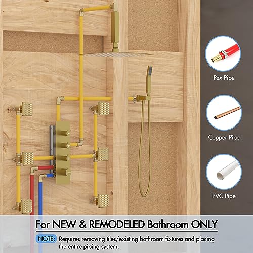 Shower Faucet Set Brushed Gold,Thermostatic Shower System with Body Jets,16 inch Ceiling Rainfall Faucet Set with with 6 PCS Dual Modes Body Jets(3 Inch) Can All Run Together - color: Gold, size: 16"-1