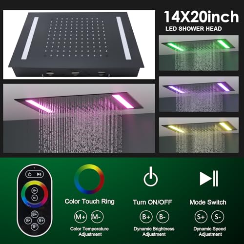HOMEDEC 14x20inch LED Rainfall Shower System with 6" Wall Mounted Shower Head, 4 Way Thermostatic Diverter Valve, Body Sprays and Handheld, Black - color: Black, style: 4-Way + 1x 6" Top