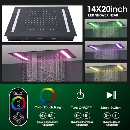 HOMEDEC 14x20inch LED Rainfall Shower System with 6" Wall Mounted Shower Head, 4 Way Thermostatic Diverter Valve, Body Sprays and Handheld, Black - color: Black, style: 4-Way + 1x 6" Top