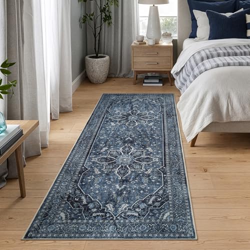 Bloom Rugs Caria Washable Non-Slip 7 ft Runner - Blue/Charcoal Traditional Runner for Entryway, Hallway, Bathroom, and Kitchen - Exact Size: 2'6" x 7' - color: Blue / Charcoal, size: 2'6" x 7' (Runner)