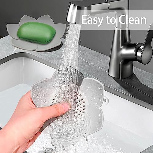 2 Pack Silicone Soap Dishes with Draining, Lotus Flowers Bar Soap Holder for Shower, Soap Saver for Counter, Bathtub, Kitchen Sink(White/Gray) - color: White/Grey