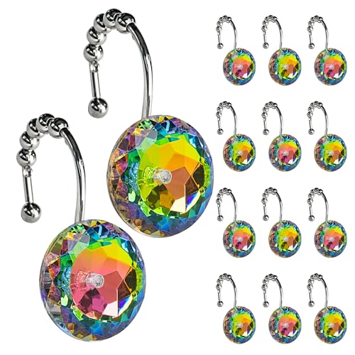 Sunlit Luxury Design Glitter Round Colorful Diamond Crystal Gem Bling with Glide Balls Shower Curtain Hooks, Rust Proof Metal Rhinestones Glam Shower Curtain Rings-12 Pack - color: Colorful