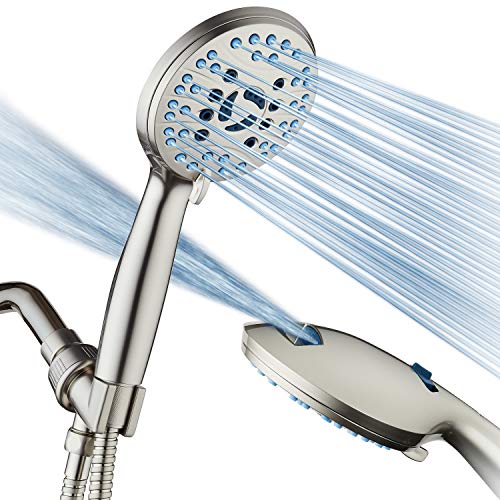 AquaCare 8-mode High Pressure Handheld Shower Head with 2-mode Power Wash | Stay Clean Nozzles, Dual Power Wash for Tub, Tile & Pets, Long 6 ft. Stainless Steel Hose, Wall & Overhead Brackets / Nickel - color: Satin Nickel, style: 2.5 Gallon Per Minute