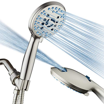 AquaCare 8-mode High Pressure Handheld Shower Head with 2-mode Power Wash | Stay Clean Nozzles, Dual Power Wash for Tub, Tile & Pets, Long 6 ft. Stainless Steel Hose, Wall & Overhead Brackets / Nickel - color: Satin Nickel, style: 1.8 Gallon Per Minute