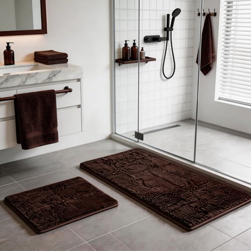RUN HELIX Bathroom Rugs Set Non Slip 2 Piece Bath Rugs Extra Soft Chenille Bathroom Mats Bath Mat Set,Absorbent Shaggy Rugs Perfect Plush Mats Small Rug - color: Brown