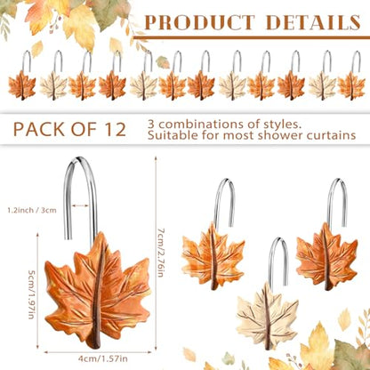 Colingmill Set of 12 Maple Leaf Shower Curtain Hooks for Fall Bathroom Decor, Metal Rustproof Farmhouse Plaid Autumn Leaves Decorative Shower Curtain Hooks Rings for Thanksgiving Bathroom Decor - style: Maple Leave