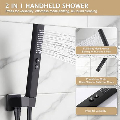 Rain Shower System, 8''Square Rain Head,2-Spray Handheld, Matte Black | 2 Spray Functions,Anti-Tangle Explosion-proof PVD Hose,Balance Temp Valve,Rust-proof & Scratch-resistant - color: Matte Black, size: 8 Inch