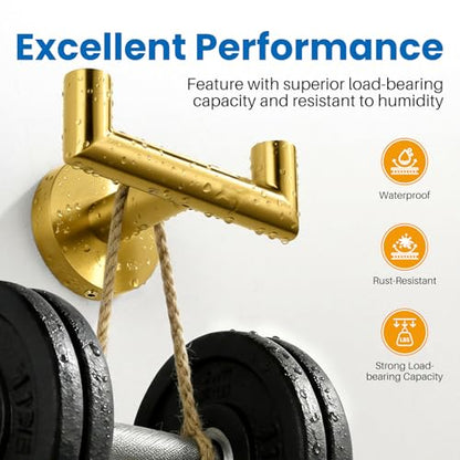 Shower Towel Hook, Wall Mount Robe Hook Holder, Brushed Gold | Stainless Steel Material, Double Hooks Design, Rust-Resistant, Strong Load-bearing Capacity - color: Brushed Gold