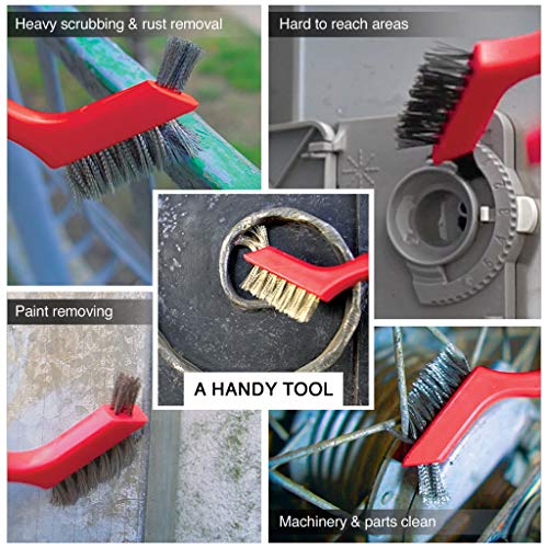 Wire Brush Set 3Pcs - Nylon/Brass/Stainless Steel Bristles with Curved Handle Grip for Rust, Dirt & Paint Scrubbing with Deep Cleaning – 7 Inches (Red) - color: Red
