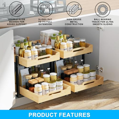 Pull Out Cabinet Organizer, 2-Tier Drawers for Kitchen Cabinet | Sliding Bamboo Under Sink Organizer for Kitchen Storage Organization with Coated Iron Frame, Bathroom Organizers and Storage