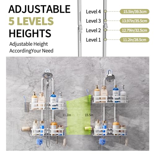 Aluminum Shower Caddy Hanging,Shower Caddy, Never Rust Shower Organizer | 4 Levels with adjustable Height 10 Hooks for Razor/Sponge - Rack with Soap Basket (Silver) - color: Silver