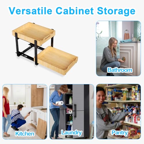 Pull Out Cabinet Organizer, 2-Tier Drawers for Kitchen Cabinet | Sliding Bamboo Under Sink Organizer for Kitchen Storage Organization with Coated Iron Frame, Bathroom Organizers and Storage