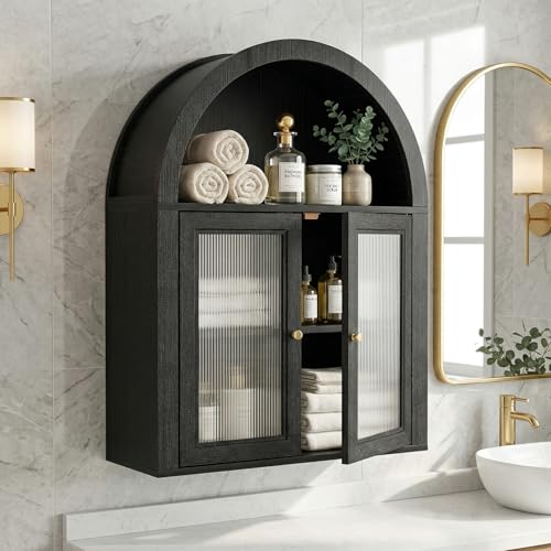 Medicine Cabinet with Arched Top, Bathroom Wall Cabinet Over Toilet with Wave Pattern Tempered Glass Doors and Removable Shelf, Arch Hanging Cabinets for Kitchen, Living Room, Laundry Room, Black - color: Black, size: 31.5 H-Glass