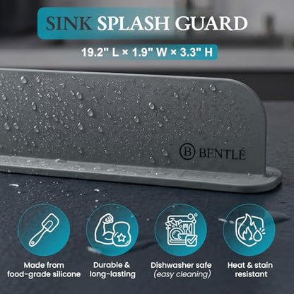 BENTLE Silicone Sink Splash Guard for Kitchen Sink - Modern Faucet Splash Guard, Non-Slip Countertop Water Protector, Dishwater Safe, Gray (19.2 x 1.9 x 3.3")