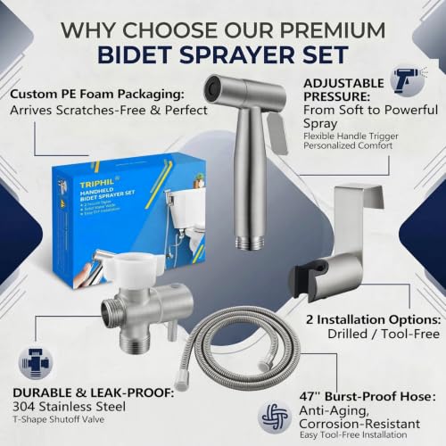 TRIPHIL Handheld Bidet Sprayer for Toilet, Adjustable Water Pressure Jet Bidet Attachment with Leak-Proof 304 Stainless Steel T-valve for Bathroom Cleaning, Cloth Diaper/Feminine Wash, Brushed Nickel - color: Brushed Nickel