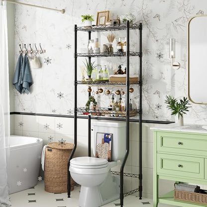 Simple Trending 4 Tier Over The Toilet Storage Rack, Bathroom Organizers and Storage Over Toilet with Adjustable Shelf and Basket, (Black) - color: 4-tier Black